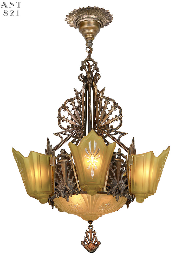 1930s Art Deco Chandelier Slip Shade Ceiling Light Antique Fixture