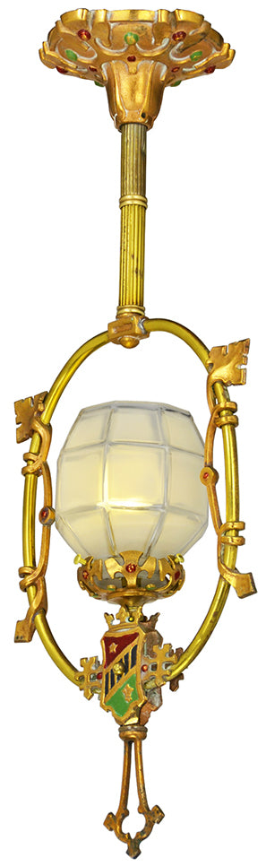 Antique Edwardian Pendant Light Polychrome Heraldic Ceiling Fixture