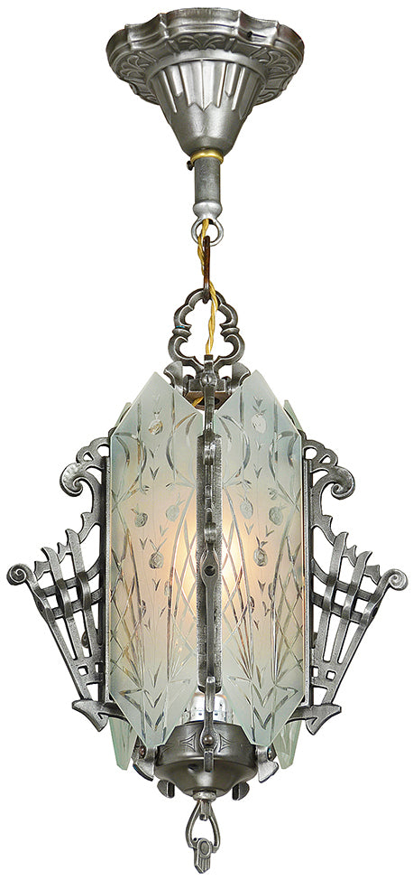 1930s Art Deco Hall Light Cut Glass Antique Pendant Ceiling Fixture