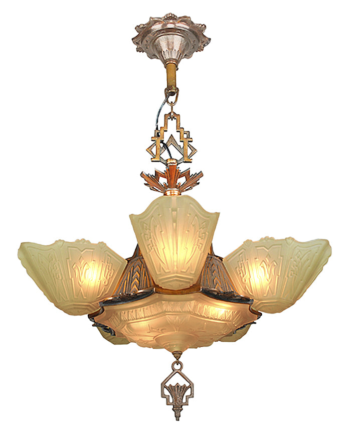 Vintage 1930s Chandelier Art Deco Slip Shade Ceiling Light by Markel