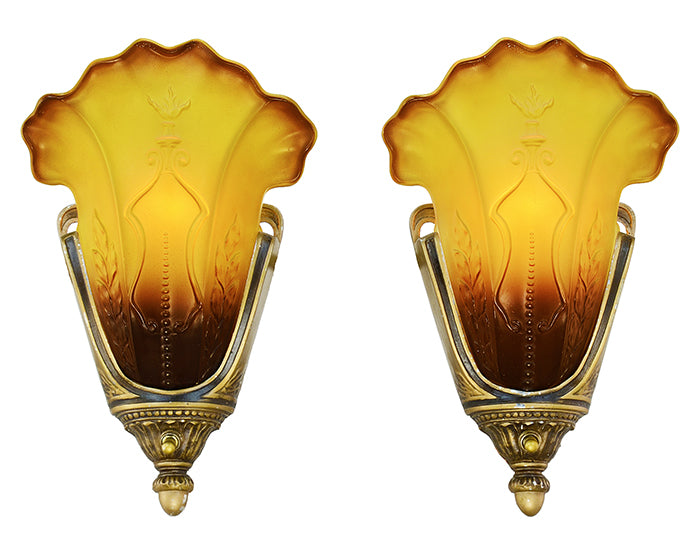 Antique Slip Shade Art Deco Sconces Pair Mid-West 1930s Wall Lights