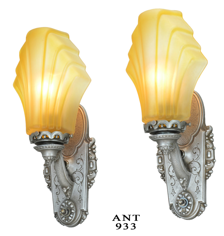 Pair of American Art Deco Sconces with Heavy Cast Glass French Shades
