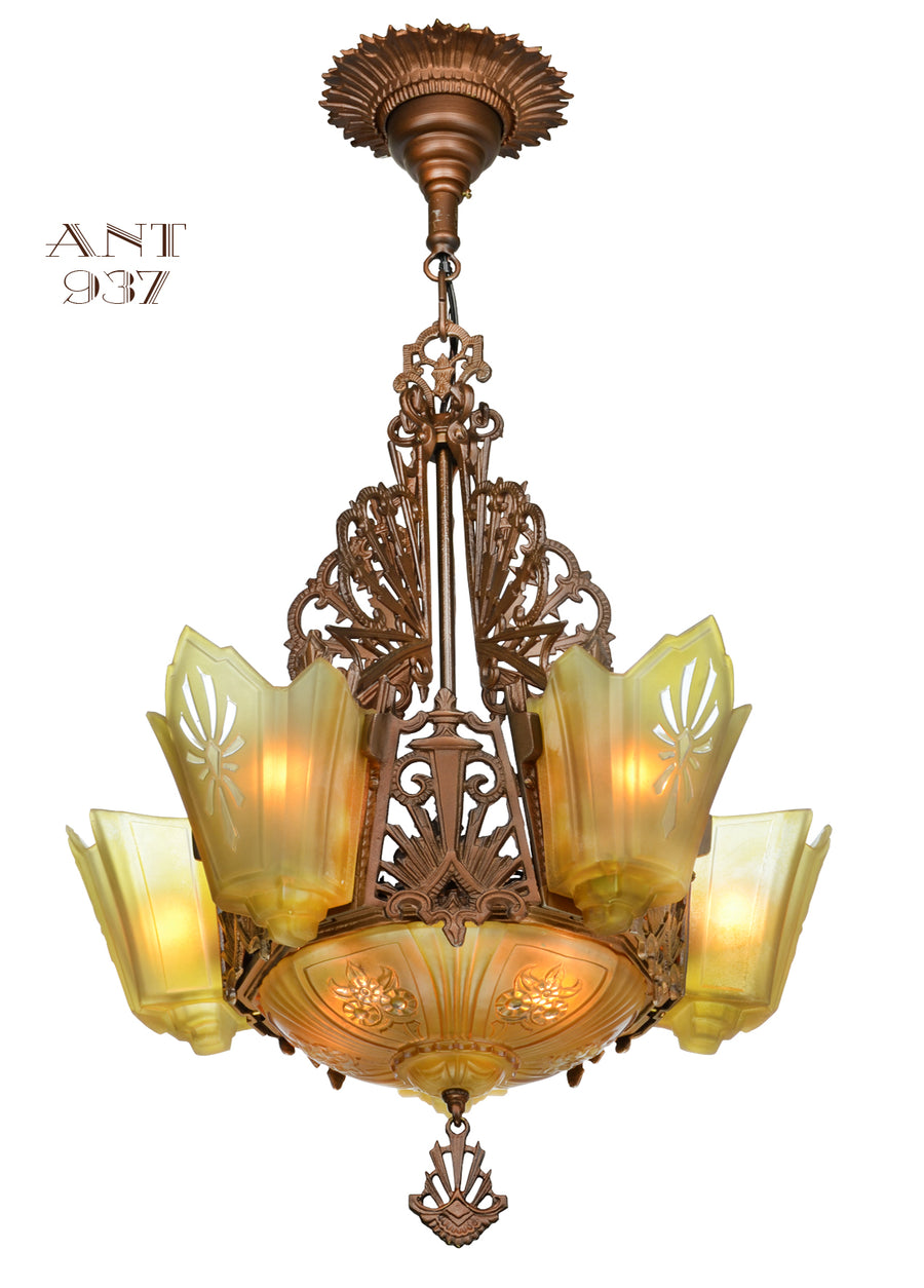 Antique Restored Red-Bronzed Finished Art Deco Slip Shade Chandelier