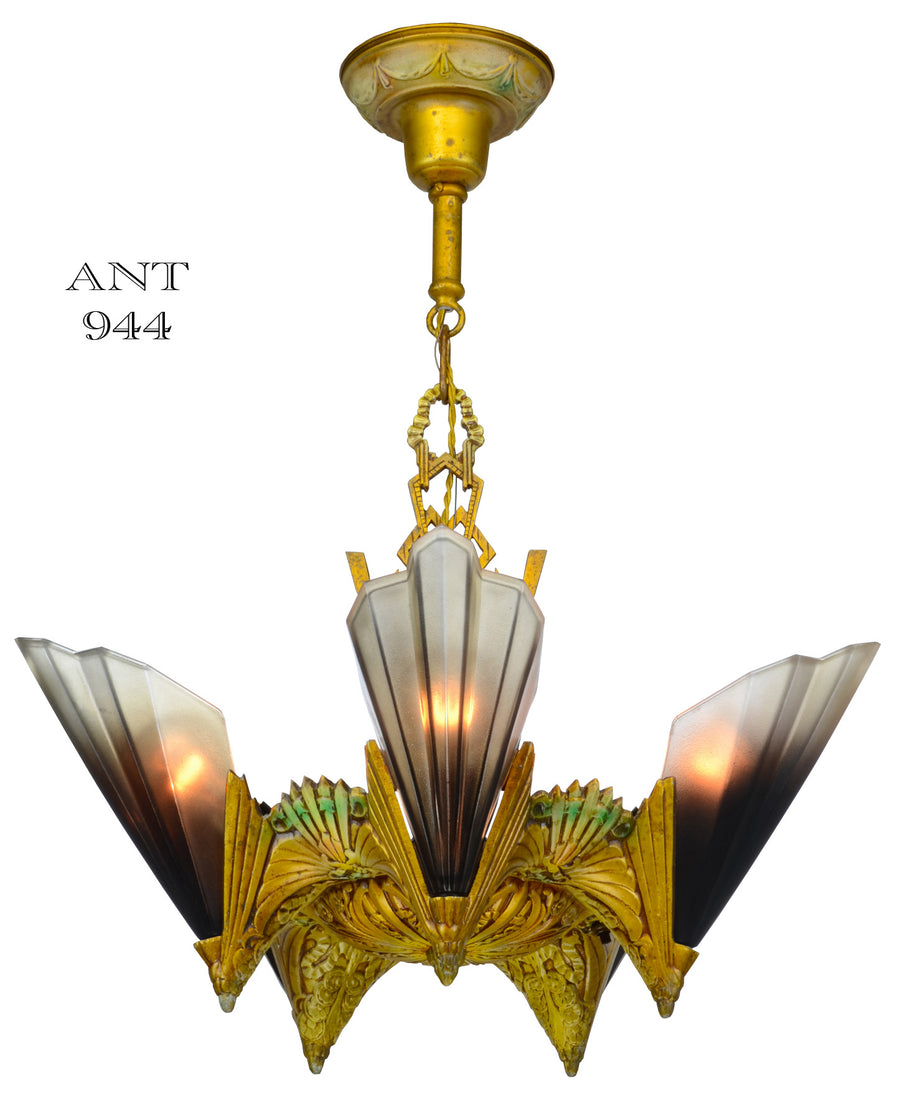 Five Light, Brown Tip Shade, Chandelier by Mid West Mnf 1930