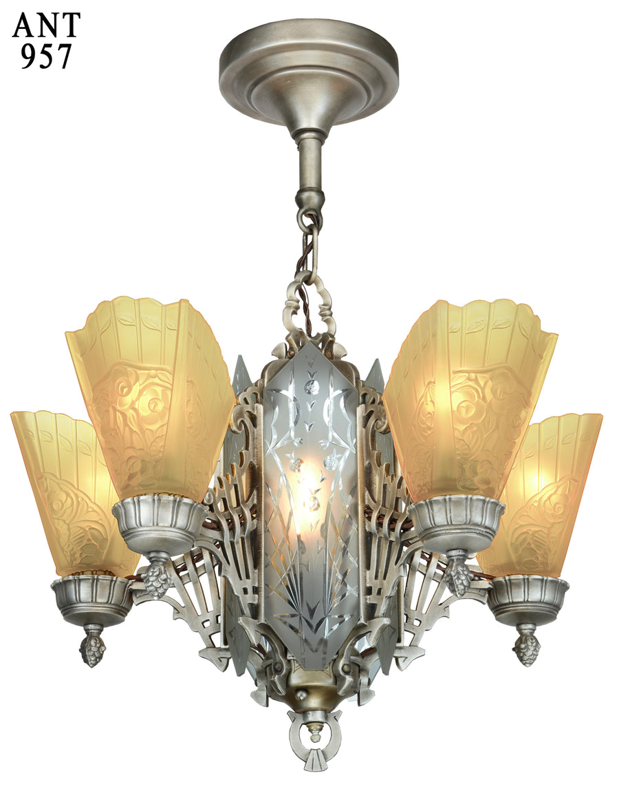 Art Deco Slip Shade Chandelier with Cut Glass Center Panels