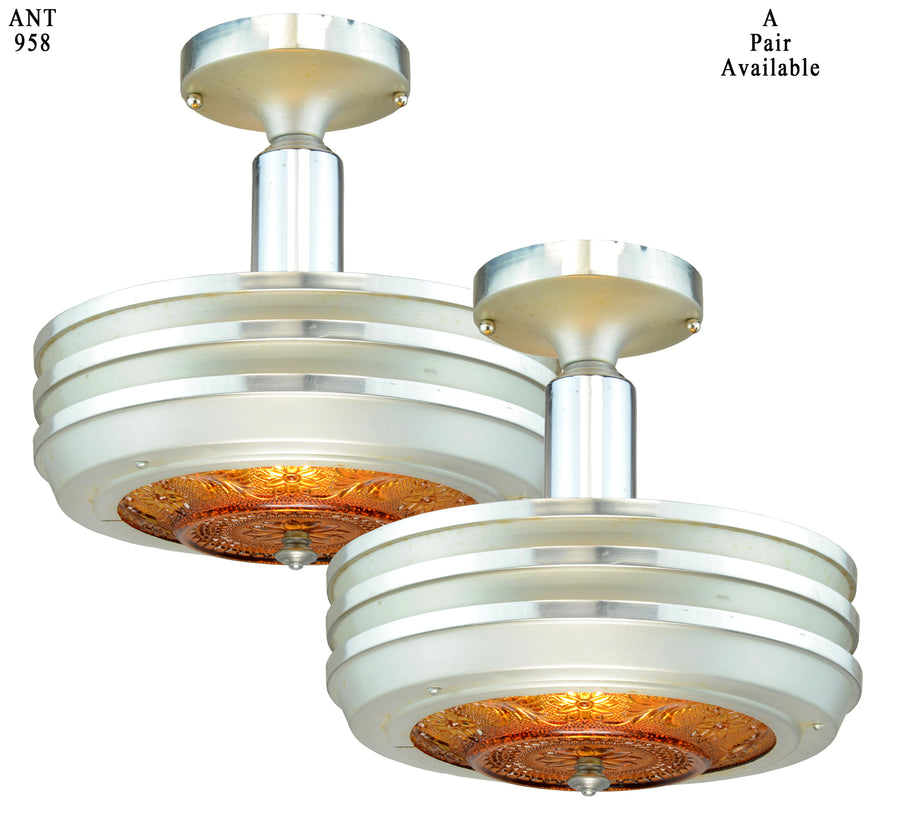 Very Nice PAIR of Art Deco Streamline Metal and Glass Light Fixtures C. 1930's