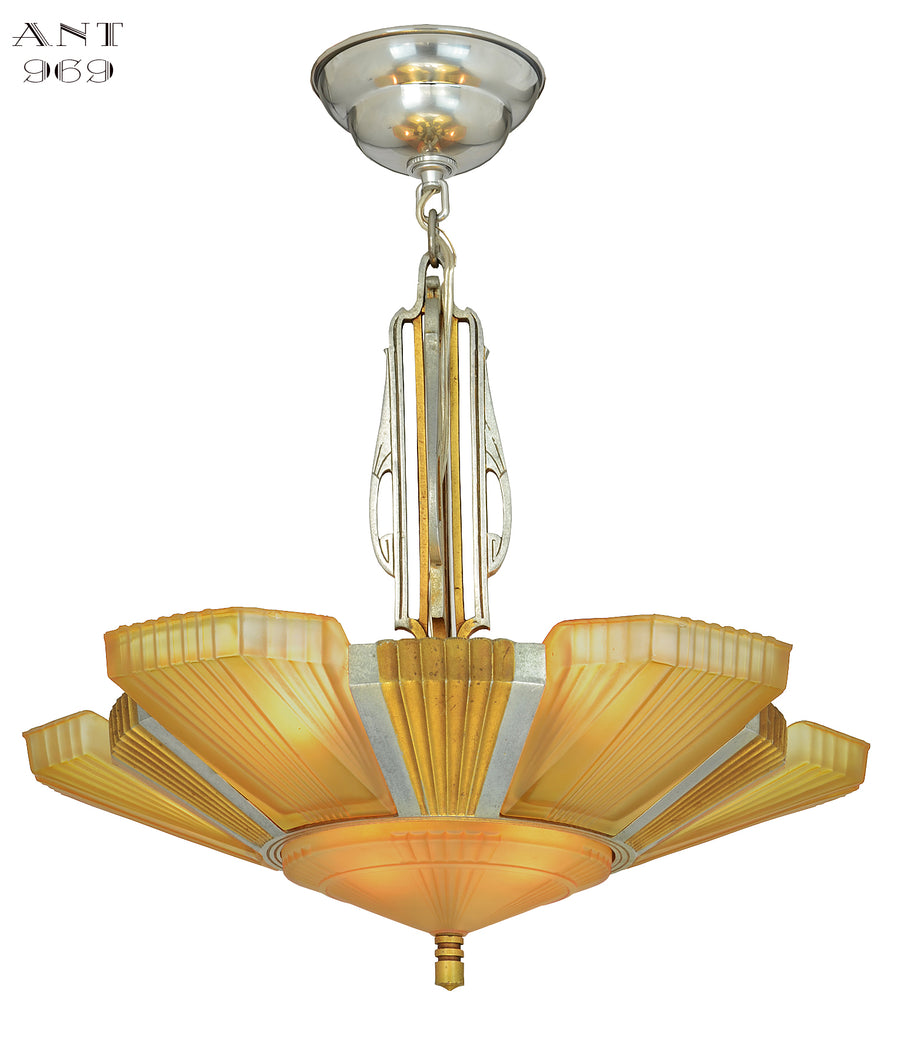 Art Deco Mid-West Mnf. Top-of-the-Line Six Light Chandelier with Original Shades