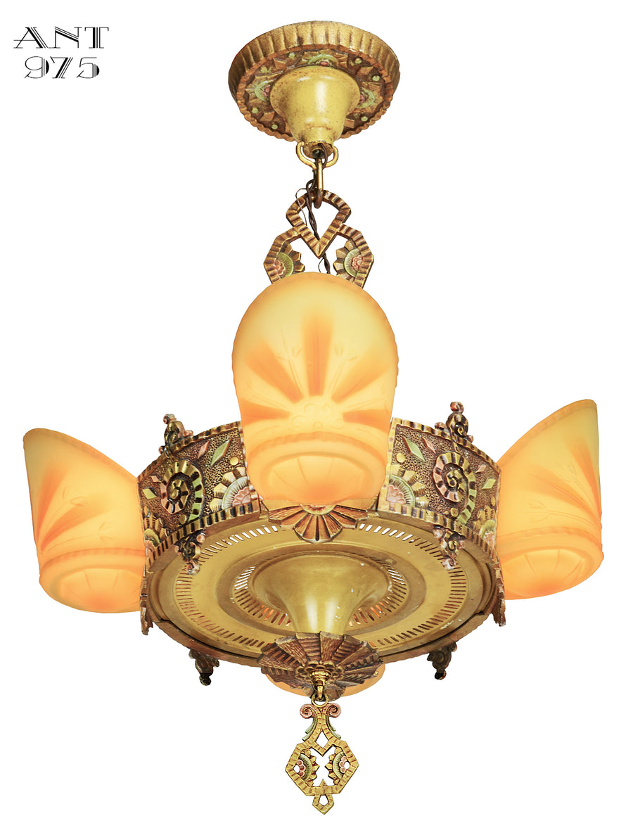 Antique Williamson 4 Light Art Deco Slip Shade Chandelier