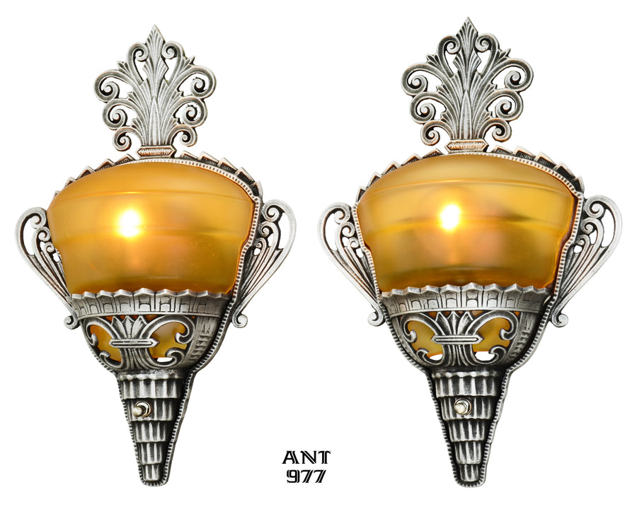 Unusual Pair of Art Deco Slip Shade Sconces with Amber Shades