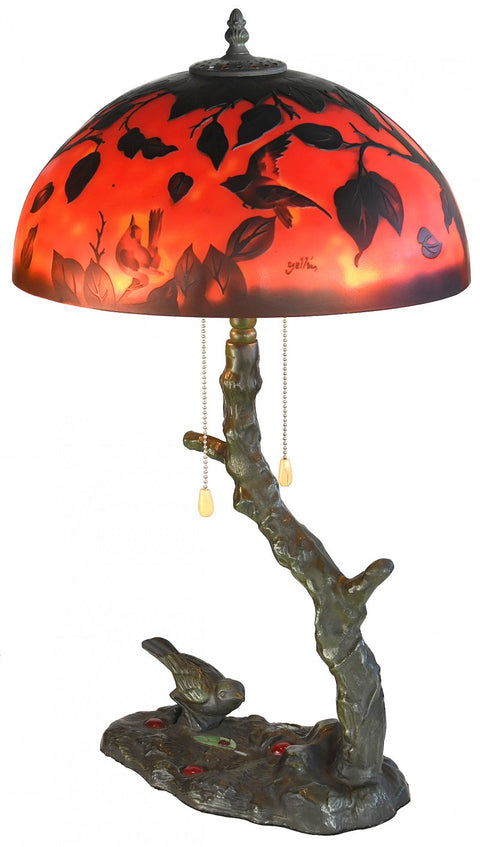 Galle-Style Cameo Glass Table Lamp with Bird Motif