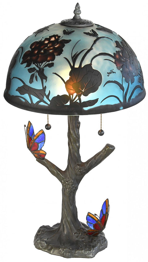 Galle-Style Cameo Glass Table Lamp with Butterfly Motif