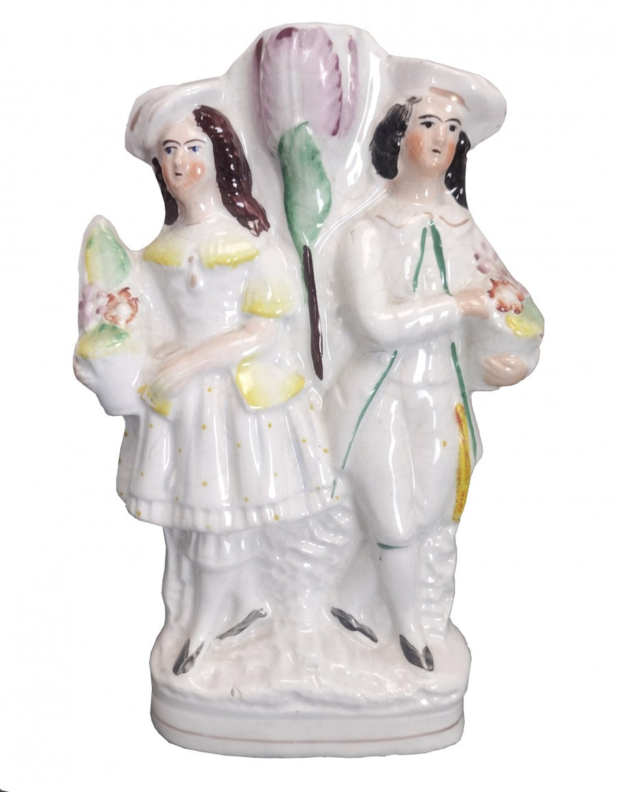 Young Flower Lady Gentleman Bud Vase Antique Staffordshire Figure