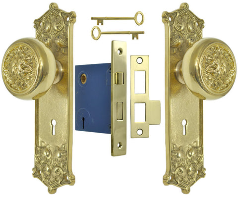 Victorian Scroll Pattern Door Plate Set with Fancy Scroll Design Doorknobs and Locking Keyed Mortise