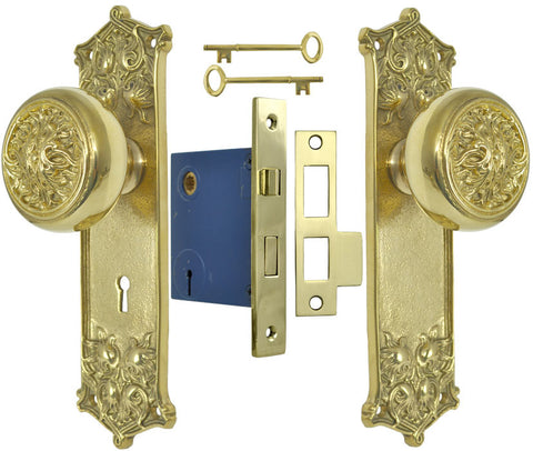 Victorian Scroll Pattern Door Plate Set with Fancy Scroll Design Doorknobs and Locking Keyed Mortise