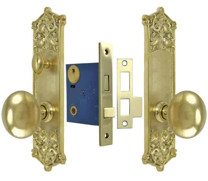Victorian Scroll Pattern Door Plate Privacy Set with Locking Turnlatch Mortise