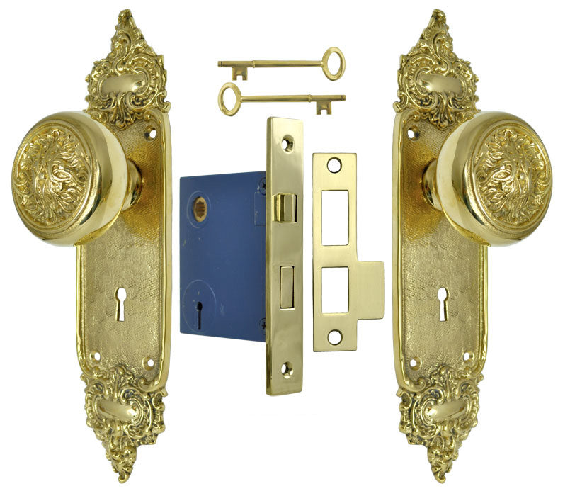 French Louis Style Door Plate Set with Scroll Design Doorknobs and Locking Keyed Mortise