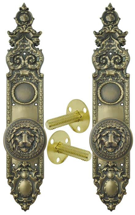 Victorian Heraldic Low Knob Door Plate with Large Lion Knob Dummy Set