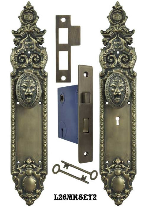 Victorian Heraldic Door Plate and Pavia Roaring Lion Knob Set with Locking Keyed Mortise
