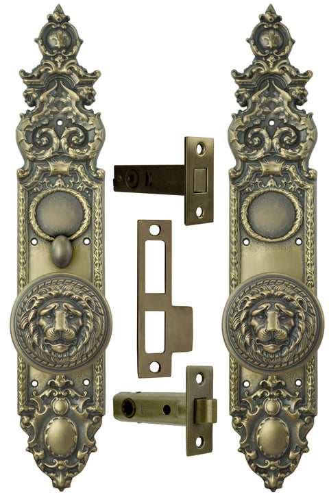 Victorian Heraldic Door Plate with Large Lion Knob Set and Locking Turnlatch