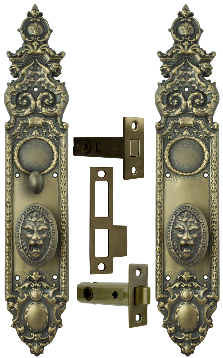 Victorian Heraldic Door Plate with Pavia Lion Knob Set and Locking Turnlatch