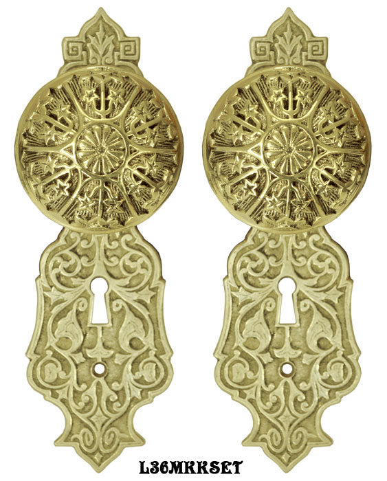 Eastlake Door Plate Set with Locking Keyed Mortise Polished Unlacquered Brass