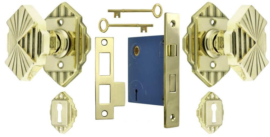 Art Deco Door Knob and Rosette Set w/ Skeleton Keyed Mortise Lock (L51MKKSET2)
