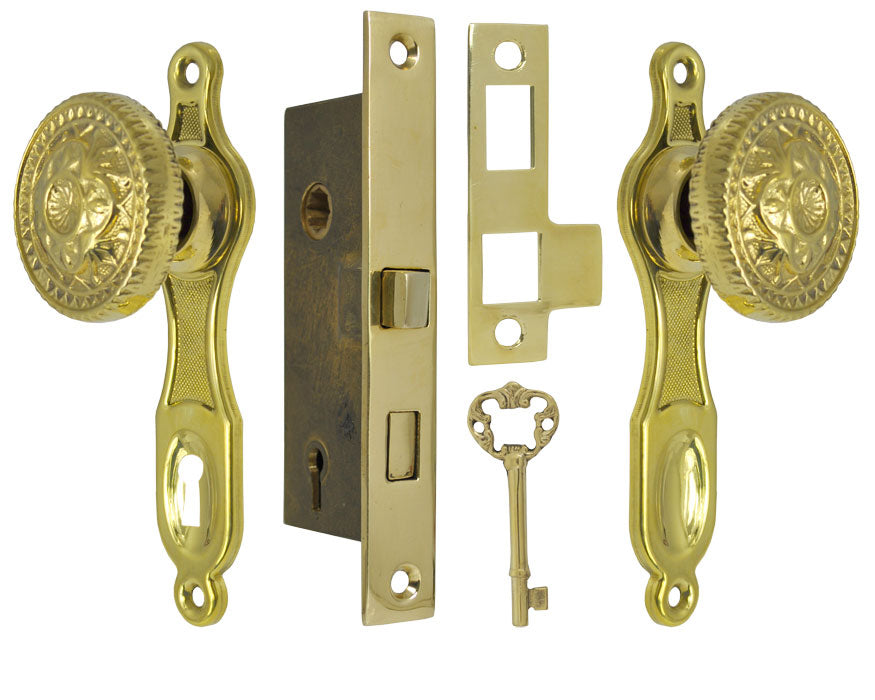 Narrow Backset French Door Set with Fancy Victorian Knob