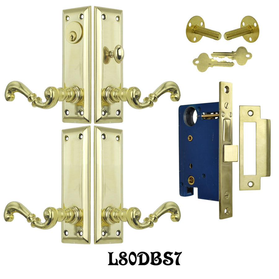 Contemporary French Lever Solid Brass Double Door Entry Set