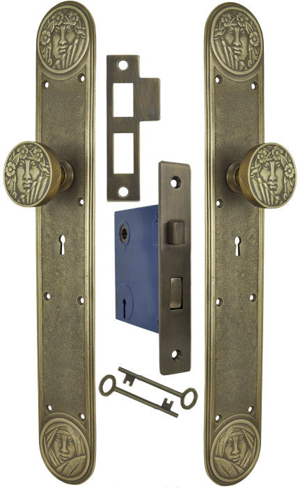 Art Nouveau Recreated Lady Face Door Set with Locking Keyed Mortise