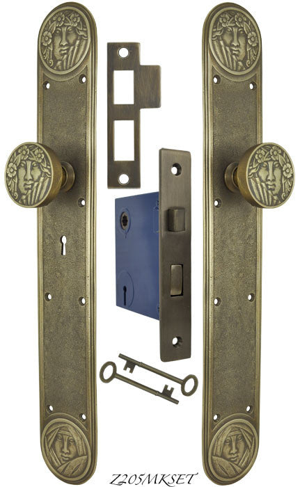 Art Nouveau Recreated Lady Face Door Set with Locking Keyed Mortise