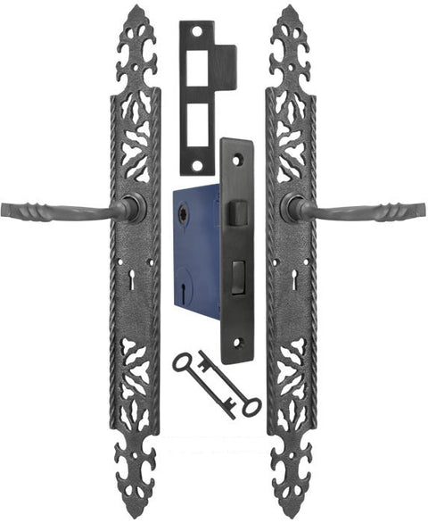 Gothic or Arts & Crafts Iron Door Plate Set with Mortise Lock