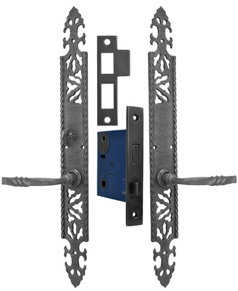Gothic or Arts and Crafts Iron Door Plate Set with Locking Turnlatch Mortise