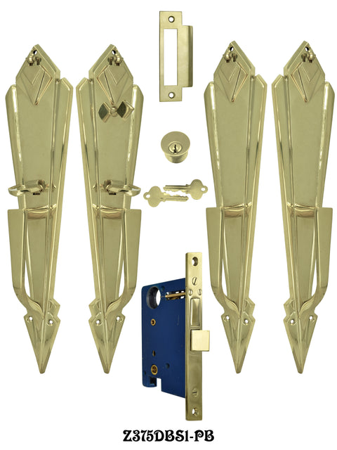 Art Deco Style Double or French Door Plate Set Entry Mortise Lockset