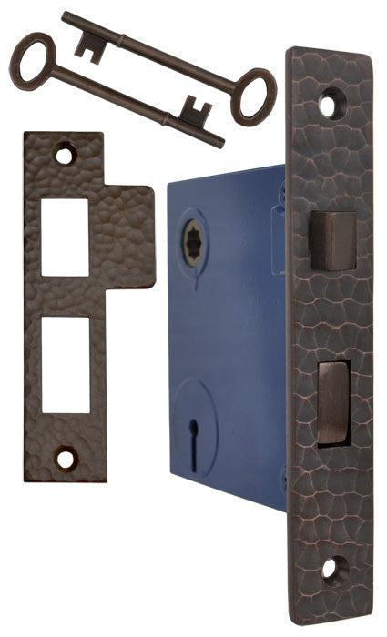 Arts & Crafts Hammered Copper 2 1/4" Backset Mortise Lock 2 1/4"cc