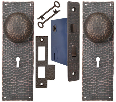 Arts & Crafts Hammered Copper Door Plate Keyed Mortise Set