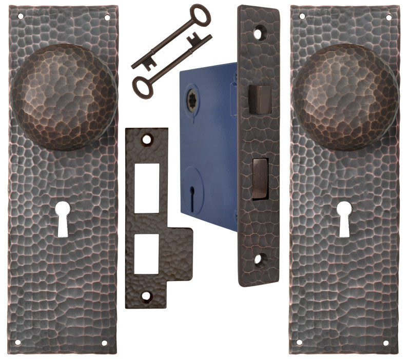 Arts & Crafts Hammered Copper Door Plate Keyed Mortise Set