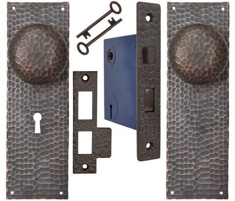 Arts & Crafts Hammered Copper Door Plate Keyed Mortise Set