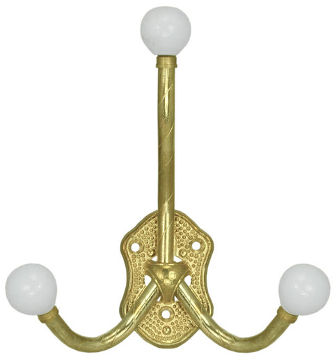 Victorian Brass Triple Hook With Porcelain Ball