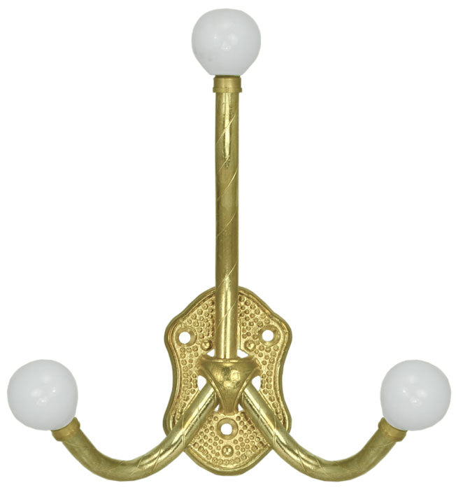 Victorian Brass Triple Hook With Porcelain Ball