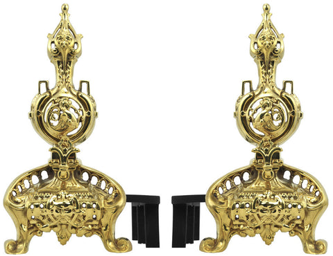 Reproduction Victorian Neo Rococo Brass Fireplace Andirons
