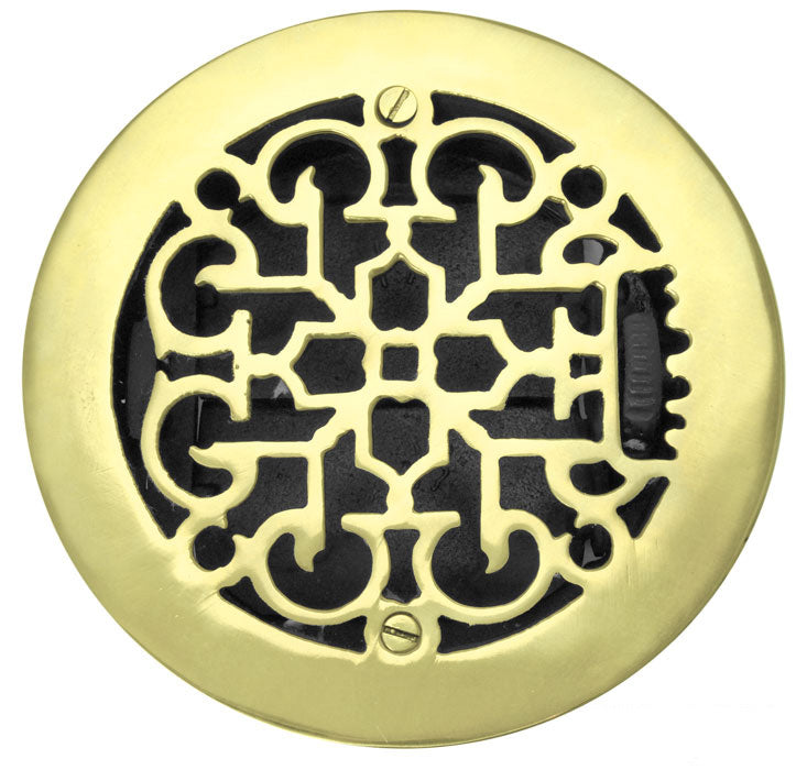 Round Brass Floor Ceiling or Wall Grates Vent. or Register Cover With Damper, for 6" hole, 7-3/8" OA dia.