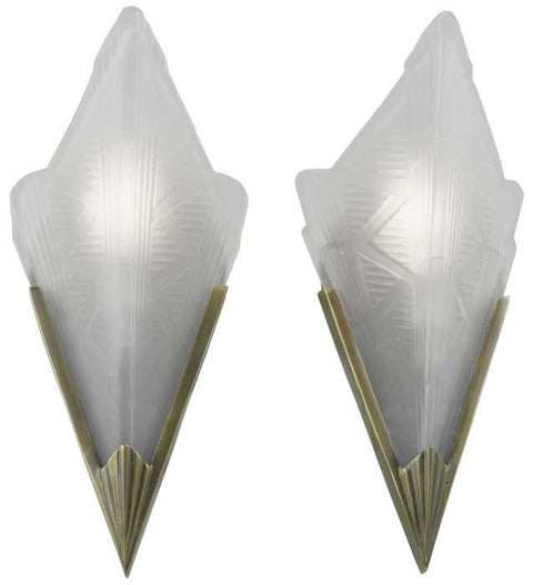 Pair of Genuine Antique Vianne Patterned Art Deco Frosted Slip Shades in Recreated Sconce Fixtures (13-PFG)