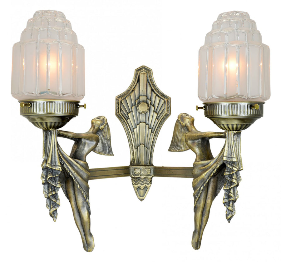 Art Deco Two-Arm Solid Brass Figural Wall Sconce (208-ES-DK)