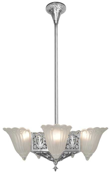 Art Deco Chandeliers 1930s Lighting Fleur De Lis Slip Shade Short 5 Light