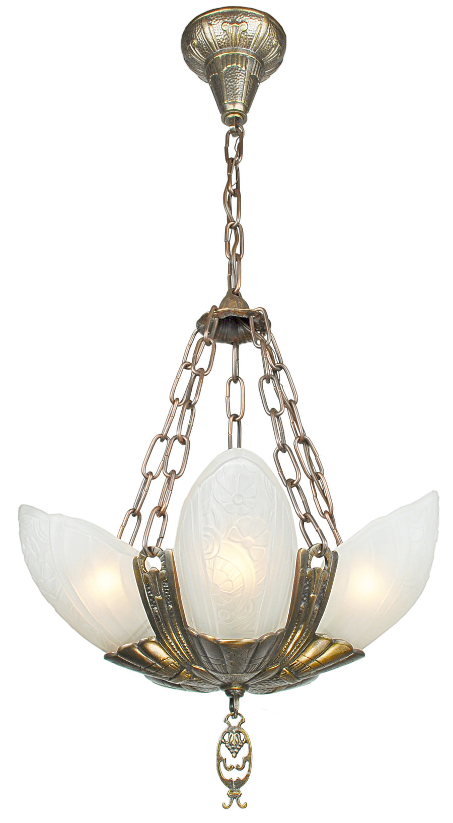 Art Deco Lighting Chandeliers Slip Shade Fleurette 5 Light With Frosted Shades