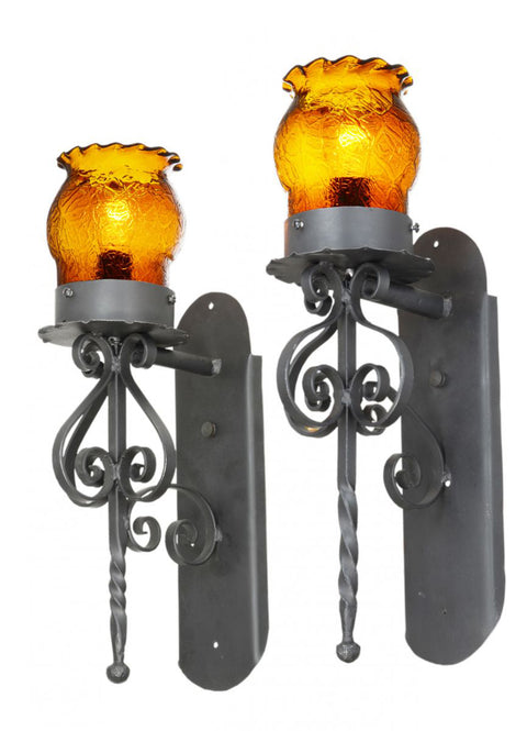Pair of Gothic / Medieval Iron and Amber Crackle Glass Sconces