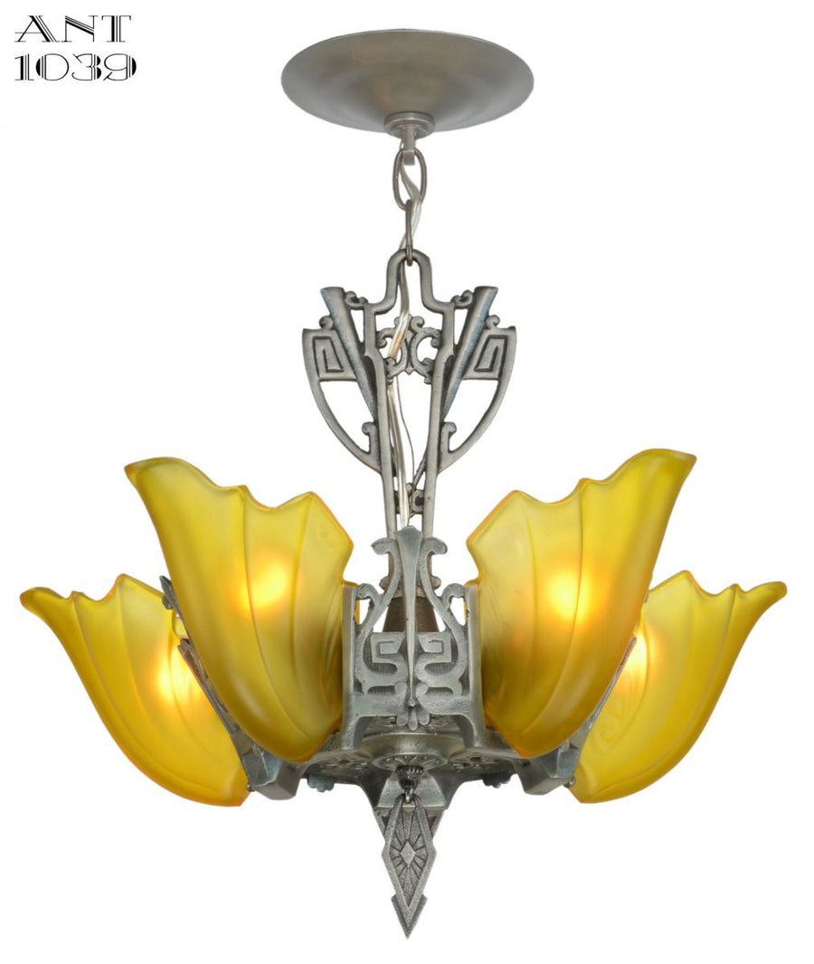 American Art Deco 5 Light Chandelier with Amber Shades