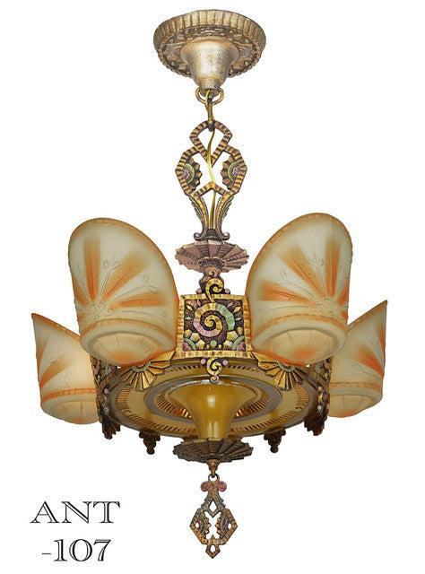 Antique Williamson 5 Light Art Deco Slip Shade Chandelier