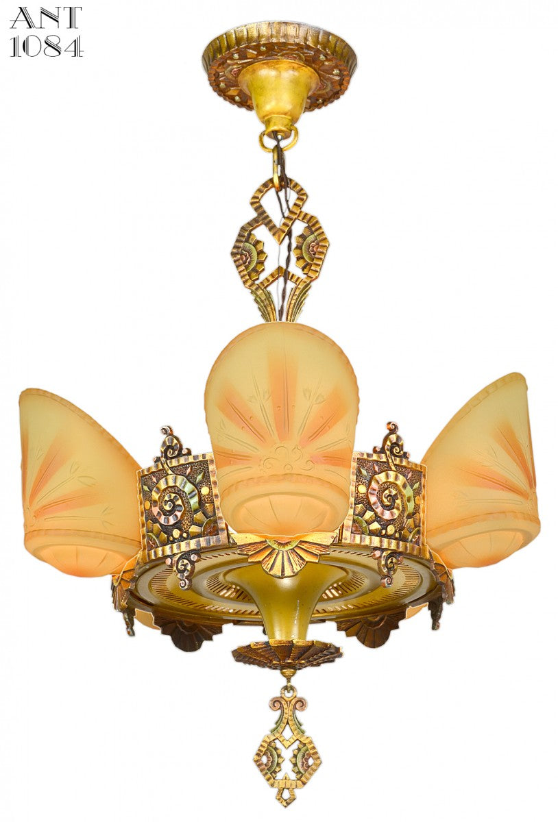 Antique Beardslee (Williamson) 5 Light Art Deco Slip Shade Chandelier