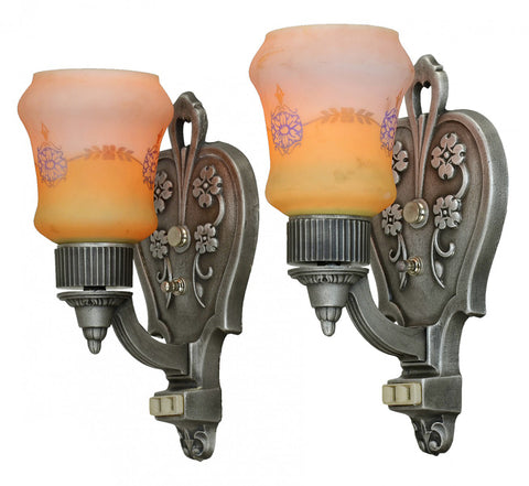 Lovely Pair of Circa 1920 Wall Sconces. Original Antique Backplates with Original Antique Shades